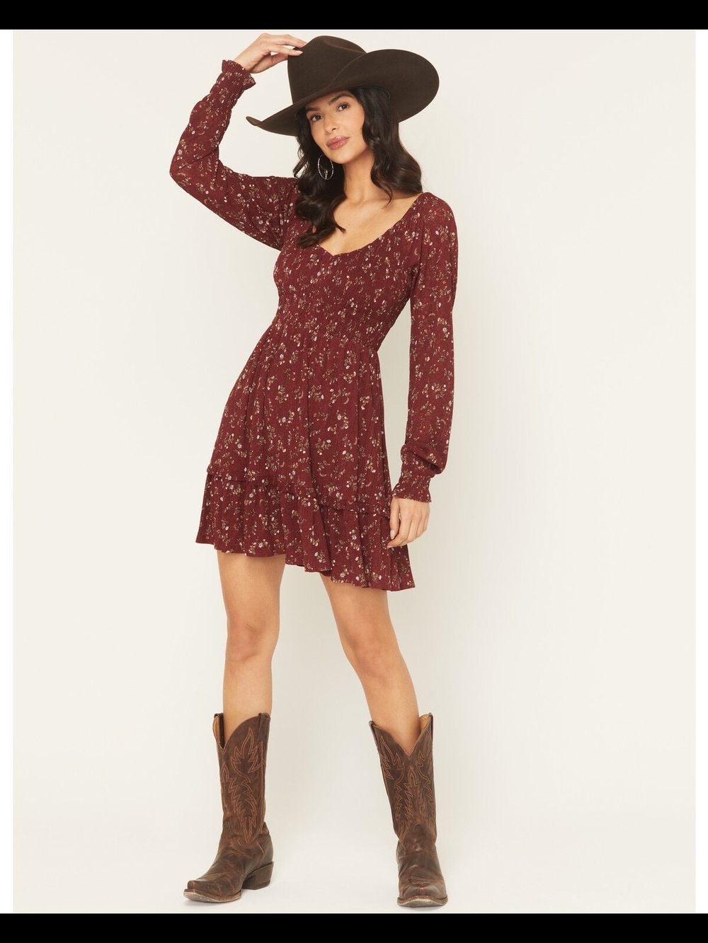 Idyllwind Wine Floral Long-Sleeve Smocked Mini Dress